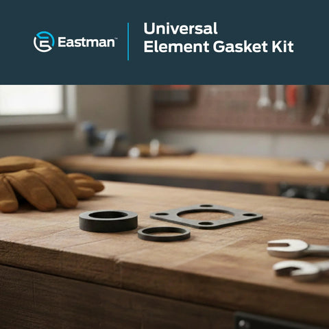 Eastman 60050 universal water heater element gasket kit, black rubber gaskets on a workbench