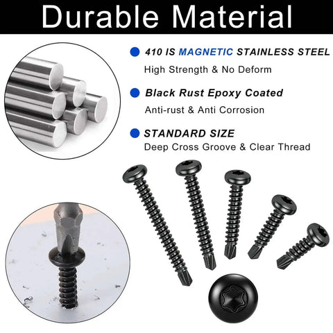 Torx Drive Self Drilling Screws Set For Metal In 410 Stainless Black Dacromet Finish Pan Head Tek Screws