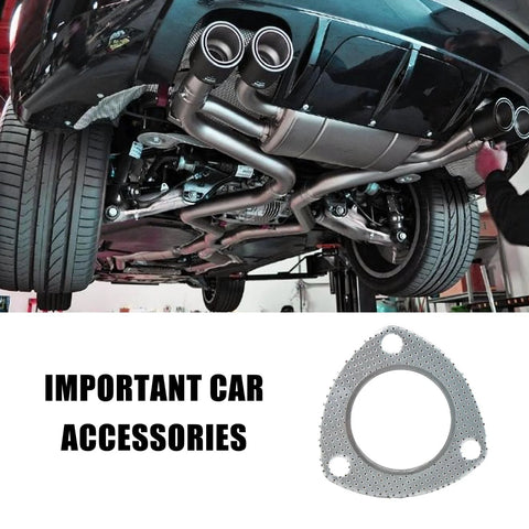 Automotive exhaust flange gasket, 2.5 inch, triangular perforated metal with three bolt holes, under-car view