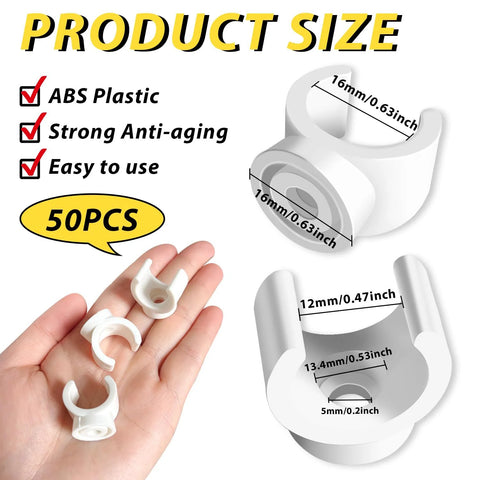 Plastic PEX pipe clips, 50-pack, white ABS, U-shaped clamps for 16mm tubing; water pipe supports