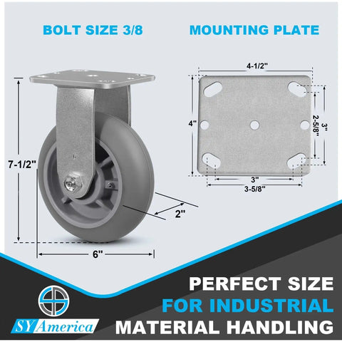 Heavy Duty Industrial Caster Wheels Set 6 Inch By 2 Inch With Non Marking Thermoplastic Rubber Tread 1000 Lb Capacity 2 Rigid Casters