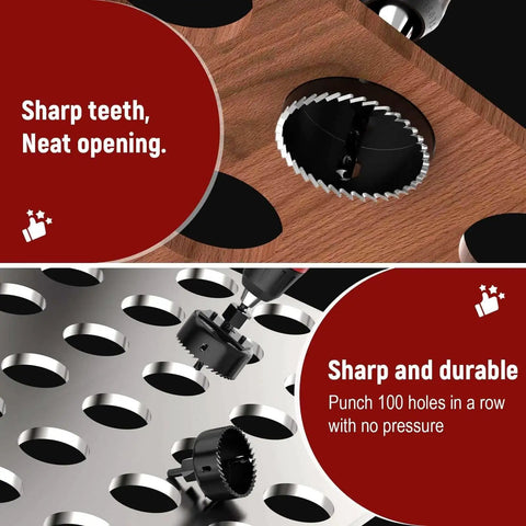 Twelve-Piece Hole Saw Kit with sharp teeth cutting through wood and punching holes in metal, includes arbors, drill bits, hex key.