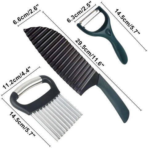 Crinkle Cutter Knife With Peeler For Veggies And Fruit Wave Blade Stainless Steel Kitchen Cutter With Ergonomic Handle Rustproof Durable Fry Cutter Set Of 3