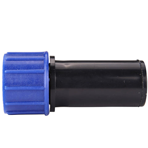 Raindrip compression swivel adaptor with washer; blue knurled nut on a black plastic body.
