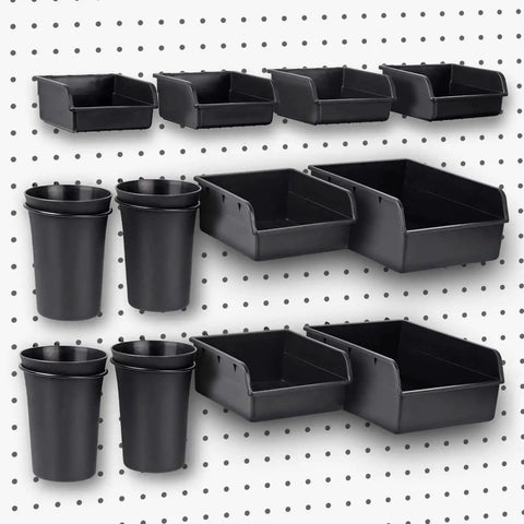 12 Pack Pegboard Bins And Cups Set For One Eighth And One Quarter Inch Pegboard Wall Organizer displayed on pegboard