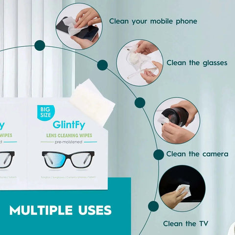 Large Lens Wipes 5.1x5.9 400 Count Pre Moistened For Eyeglasses And Devices, showing multiple uses for phone, glasses, and camera cleaning.