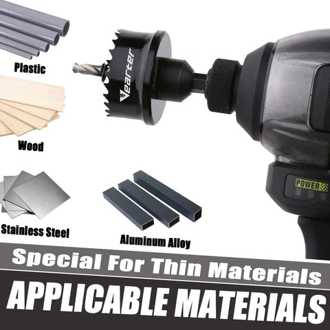Image showing drill with Beefy Bi-Metal Hole Saw Kit 3-Piece Set 7/8 To 1-3/8 Inch M42 Cobalt Teeth for wood, metal, plastic.
