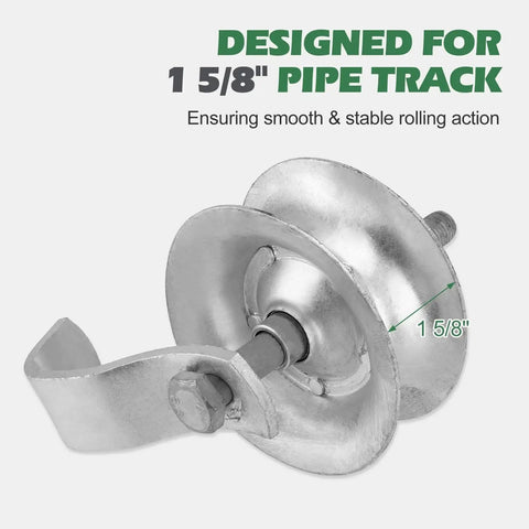 Close-up of galvanized steel sliding gate roller for 1 5/8" pipe track, highlighting 5 inch size, smooth operation design.