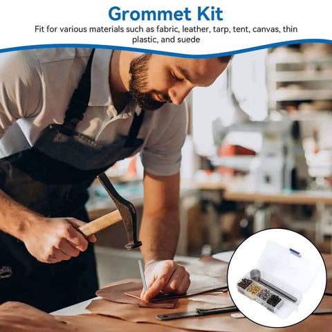 Man using 2Mm Grommet Kit with Punch Pliers Tool and Storage Box for shoes, bags, clothes, and DIY projects in assorted colors