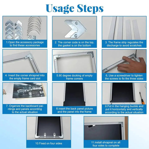 Steps for using 18 Pcs Silver Metal Picture Frame Hardware Kit With L Shaped Angle Brackets and Flat Plates for DIY framing.