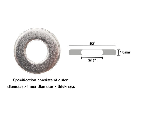 Flat washer, 304 stainless steel, 3/16 in ID x 1/2 in OD, 1.0 mm thick, plain finish