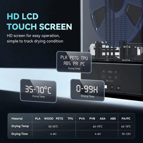 Filament Dryer And Storage Box SP2 with HD LCD touch screen, temperature and time display, for drying PLA PETG ABS TPU 1.75mm filaments.