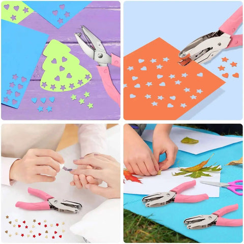 2 Pack Handheld Hole Punch Set with Heart and Star Shape Punches in use for DIY crafts, showcased on colorful paper with ergonomic handles.