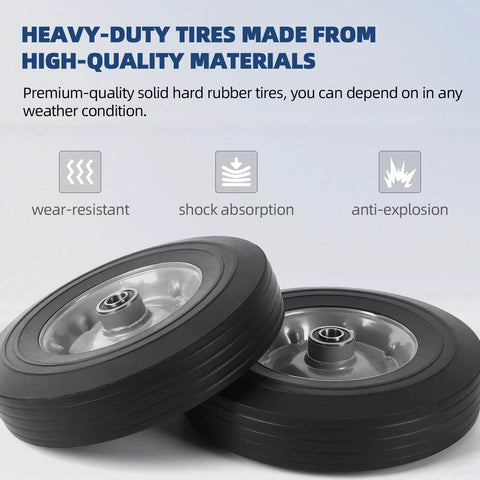Two Pack 10 Inch By Two Point Five Inch Flat Free Solid Rubber Replacement Tires And Wheels For Hand Trucks And Wheelbarrows With Five Eighth Inch Axles No More Flats Keeps Your Gear Rolling Smoothly And Ready For Any Job