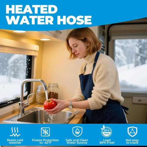Heated water hose in RV kitchen scene; woman in cream sweater and blue apron washing a tomato at the sink