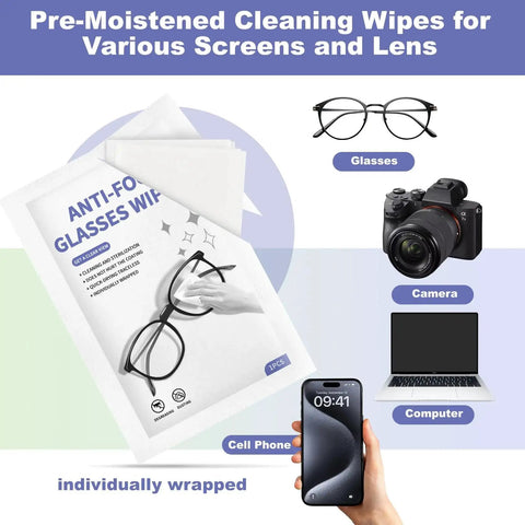 Anti Fog Wipes For Glasses Large Premoistened Wipes Individually Wrapped with glasses, camera, computer, and phone
