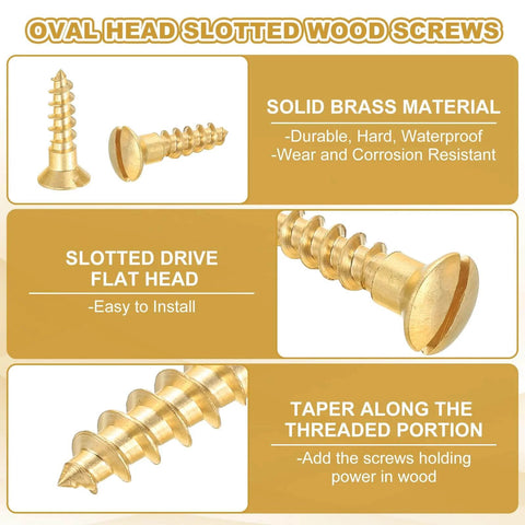 Slotted Wood Screws M5 x 20mm, 20 Pack, Solid Brass Oval Head Flat Head Self Tapping Screws for wood furniture connecting, gold tone