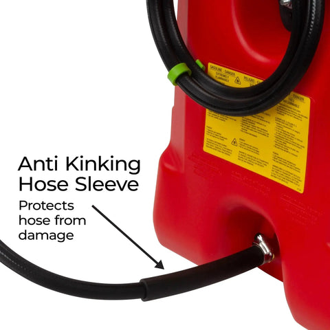 Close-up of Flo N Go 14 Gallon Gas Caddy with anti-kinking hose sleeve and protective features for durability.