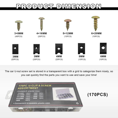 170 Piece Car U Clip And Screw Set, 9 Size Automotive U Nuts with screws, shown in transparent box with dimensions.
