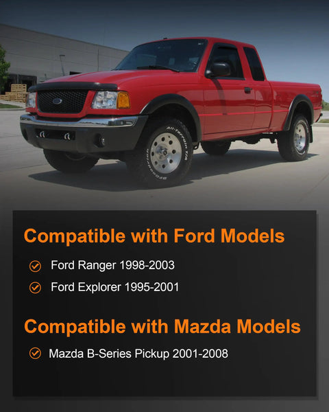 Red pickup truck showcasing compatibility with Ford Ranger 1998-2003, Explorer 1995-2001, Mazda B-Series Pickup 2001-2008 models.