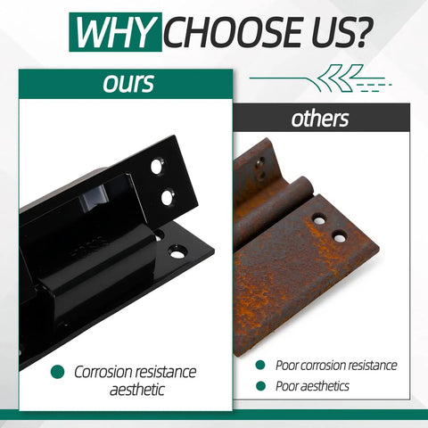 Comparison of black Hidden Door Hinge Set for 5 Inch Doors, 304 stainless steel with corrosion resistance and a rusted hinge.