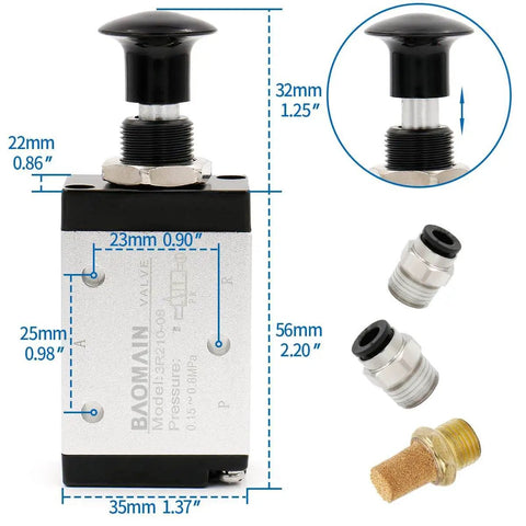 3 Way 2 Position Pneumatic Hand Valve With Handy Manual Control, One Quarter Inch PT Port, Normally Closed, 3 Port Valve, Cv 0.89