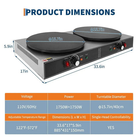 16 Inch Double Plate Crepe Maker Griddle With Nonstick Electric Crepe Machine dimensions chart and features