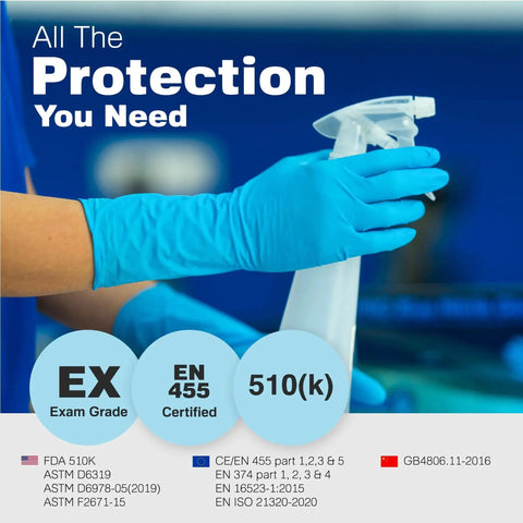 Person wearing disposable nitrile gloves using a spray bottle, highlighting protection with exam grade certifications.