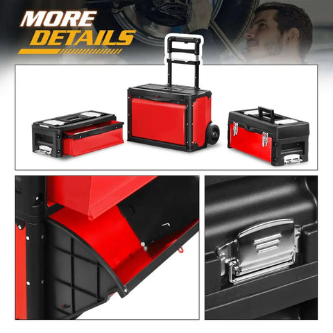 Heavy Duty Rolling Tool Chest With Three Tier Stackable Design On Wheels For Tools And Small Parts, Modular Drawer System And Mobile Garage Organizer, Durable Steel Box For Shop Or Garage, Black Red Finish