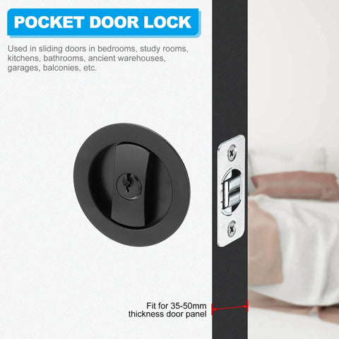 Round Recessed Privacy Door Lock With Keys For Sliding Doors, Matte Black hardware installed in door