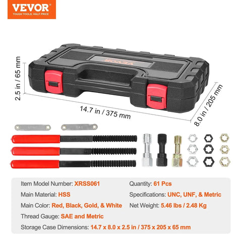 Premium 61 Piece Thread Restorer Kit With UNC UNF And Metric Thread Chaser Set Includes Thread Files And Storage Case Heat Treated Steel For Mechanics And DIY Enthusiasts For Everyday Shop And Field Work VEVOR