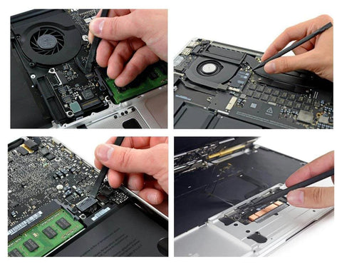 Hands using tools to repair and replace components inside a laptop, showing detailed view of internal circuits and parts.