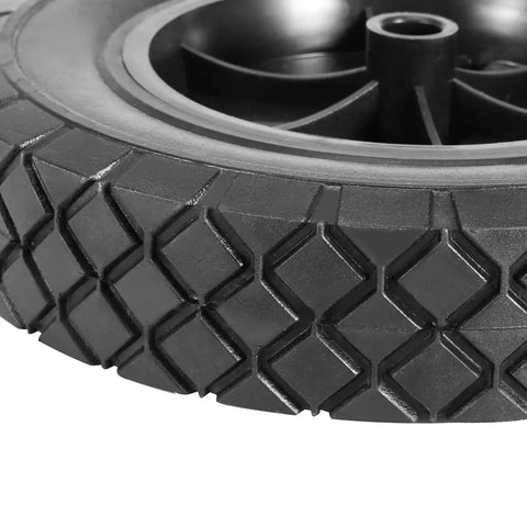 Close-up of 2 Pack 8 Inch Solid Rubber Wheels for Hand Trucks and Carts Replacement Tire With 1/2 Inch Bore and Offset Axle Durable Non Inflatable