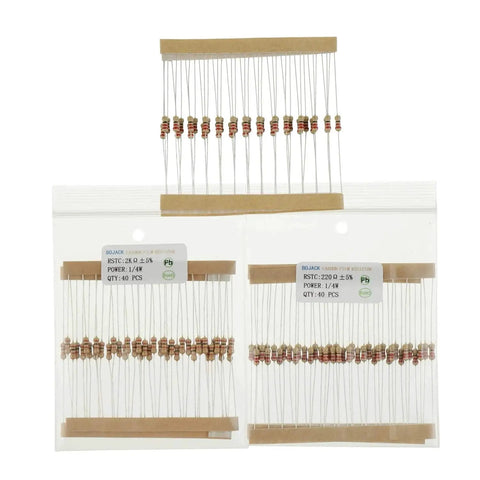 Front view of BOJACK 1000-piece carbon-film resistor kit, 25 values, 1Ω–1MΩ, 5%, 1/4W, in two plastic bags