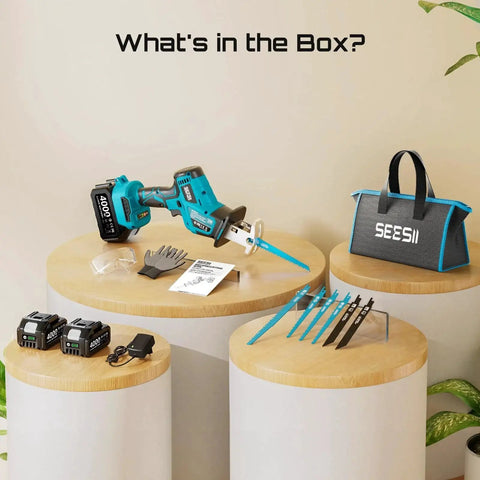 Cordless Reciprocating Saw With Brushless Motor And 3500 RPM Variable Speed For Wood And PVC Cutting, LED Light, Tool Free Blade Change, Includes 6 Blades And 2x4Ah Batteries, Portable Power For Tough Jobs displayed with accessories in the box.