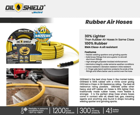OilShield Next-Gen air hose, 3/8 in x 15 ft, yellow braided rubber coil with packaging