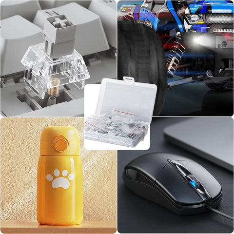 100-pc stainless steel extension spring kit in clear case with 25 sizes; shown with keyboard switch and RC car.