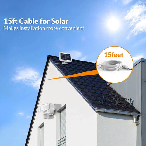 House roof with 15ft cable connected to solar panel and Solar Powered Motion Sensor Outdoor Light With 1600 Lumen White Flood Beams IP65