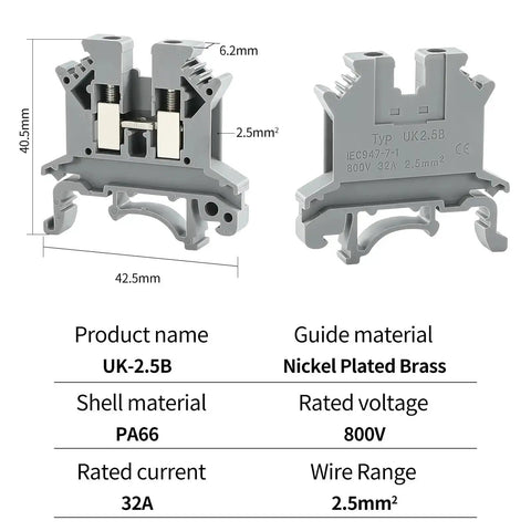 Dimensions and specifications of UK-2.5B Din Rail Wire Terminal Block 100Pcs Go-To Set For 12-22 AWG Cables, 20A 600V