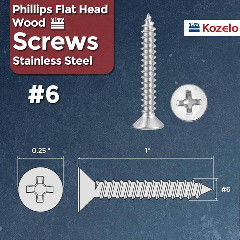 50 Pack Phillips Flat Head Wood Screws 316 Stainless Steel Self Tapping Countersunk For DIY Furniture Build Interior Trim And Outdoor Projects Size 6 By 1 Silver, showing dimensions and cross-section view.