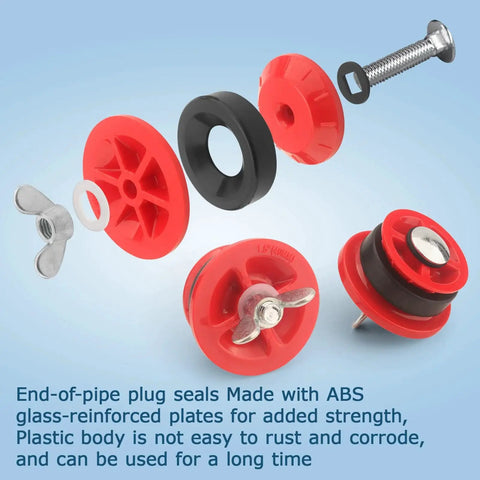 Mechanical End Of Pipe Gripper Plug Set For 2 Inch And One And One Half Inch Piping Red Two Pack Includes Two Inch And One And One Half Inch Test Plugs For Sealing And Pressure Test Snug Fit To Block Foreign Objects And Keep Your Piping Safe components showing ABS plates and metal parts.