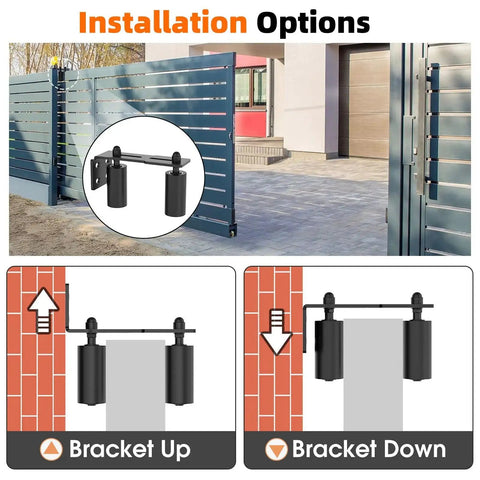 Heavy Duty Sliding Gate Guide Roller Hardware Kit With 4 Inch Black Nylon Wheels And Steel L Bracket, showing installation options for rolling doors, wood and garage use.
