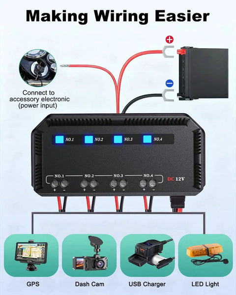 12V Motorcycle Fuse Block Kit with 20A Relay Box and LED Indicator for Cars, ATVs, UTVs, easy wiring illustration with accessories.