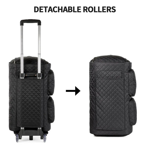 Rolling Garment Bag For Travel With Wheels Convertible Duffle Style Carry On Garment Bag showing detachable rollers, black