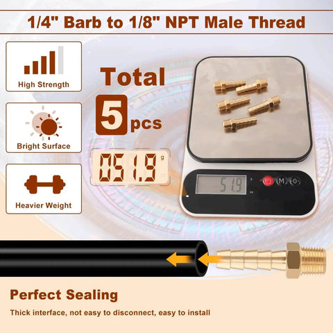 5 Pack Brass Hose Barb Fittings One Quarter Inch Barb To One Eighth Inch NPT Male Thread Air Water Fuel Line Adapters Connector