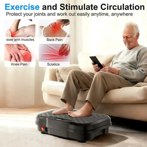 Elderly man using vibration plate for full body fat burning and lymphatic drainage with 200W motor, 12mm amplitude.