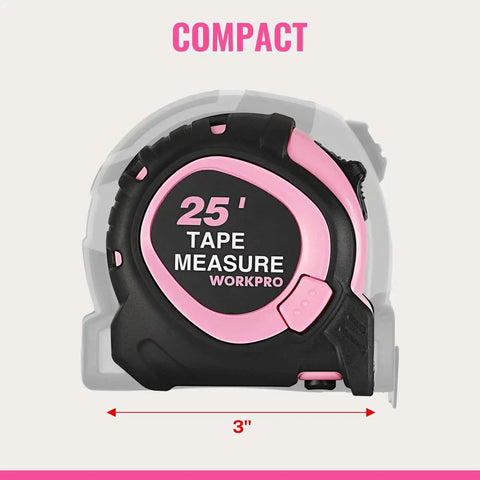 25 Foot Tape Measure With Fractions, Retractable Steel Blade, Magnetic Hook, Three Brake System, Pink Color, Front View