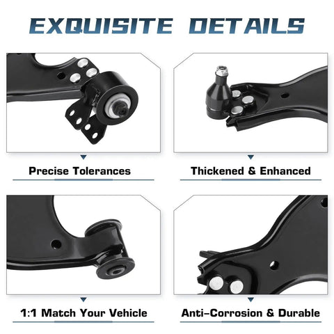 Front view of front lower control arm with ball joint and sway bar link, black finish.
Side view of front lower control arm with ball joint end, black coating.
Close-up of control arm ball joint mounting area and bushing, black.
Installed view showing mounting holes and arm edge on suspension component.