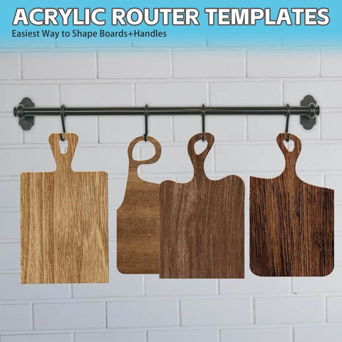 Clear acrylic router templates for woodworking displaying four wooden charcuterie boards with handles on a hanging rod.