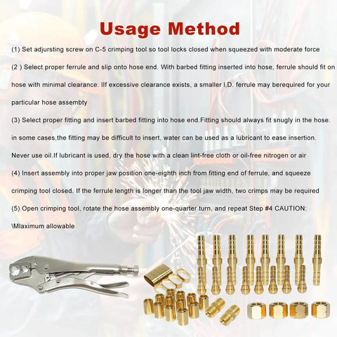 Oxygen and Acetylene Torch Hose Repair Kit 1/4 Inch ID Crimper B Size Fittings with brass tools and instructions